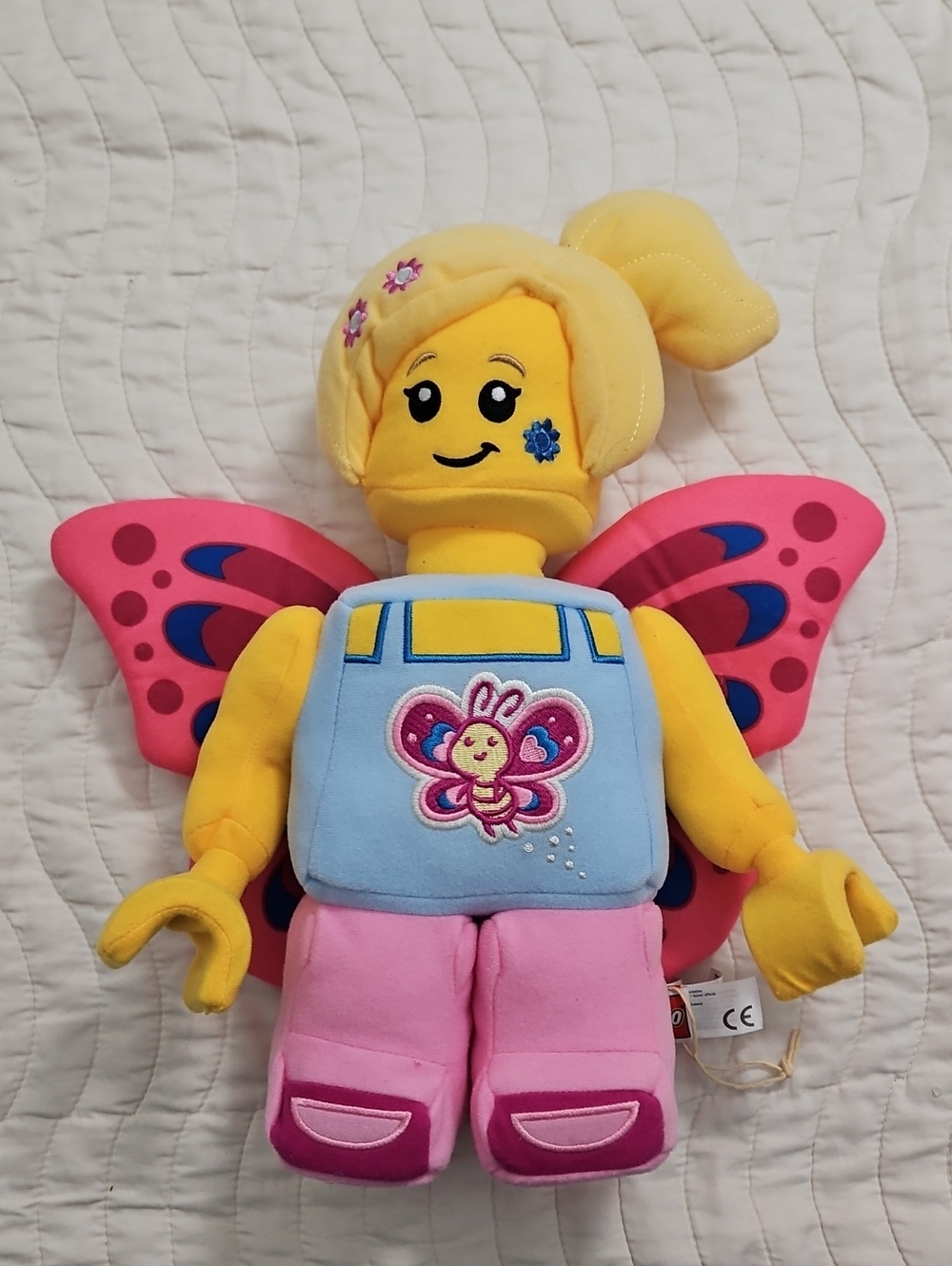 Lego Yellow Butterfly Plush with Pink Wings and Blue Overalls